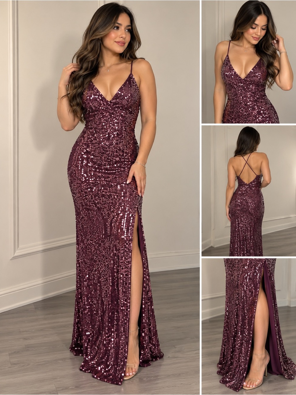 Sequined Plum Evening Gown with Spaghetti Straps